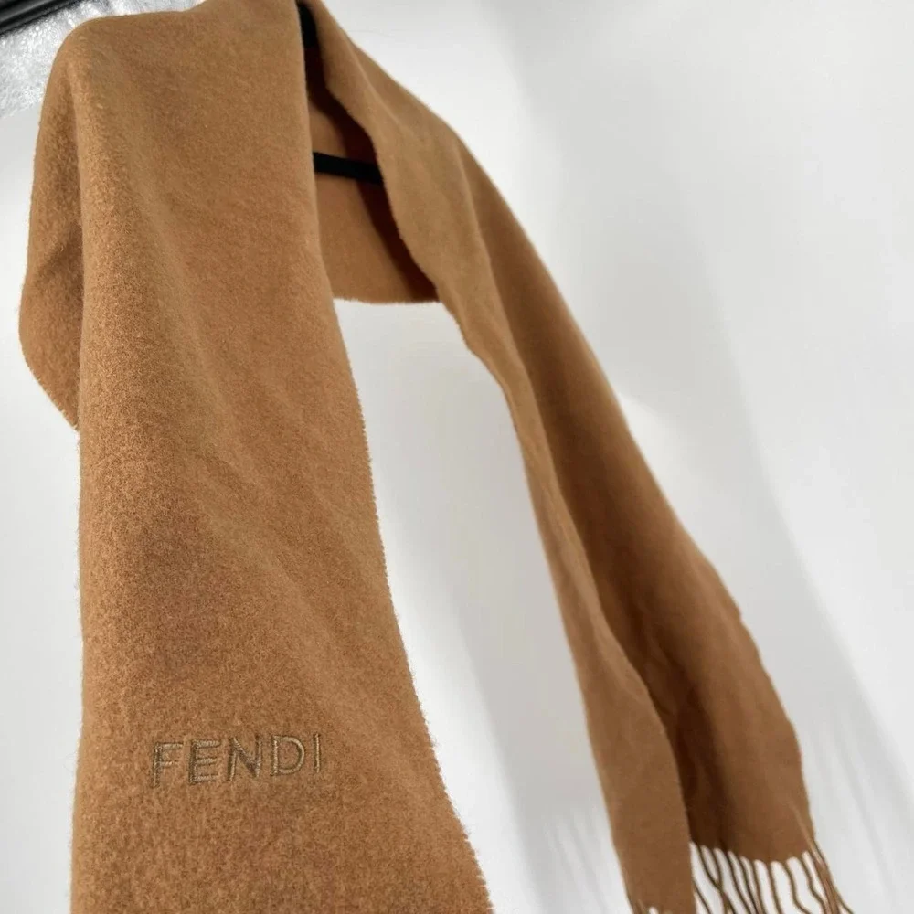 Vintage 90s Fendi Brown Wool Tassel Scarf Archival Embroidered Fall Quiet Luxury
